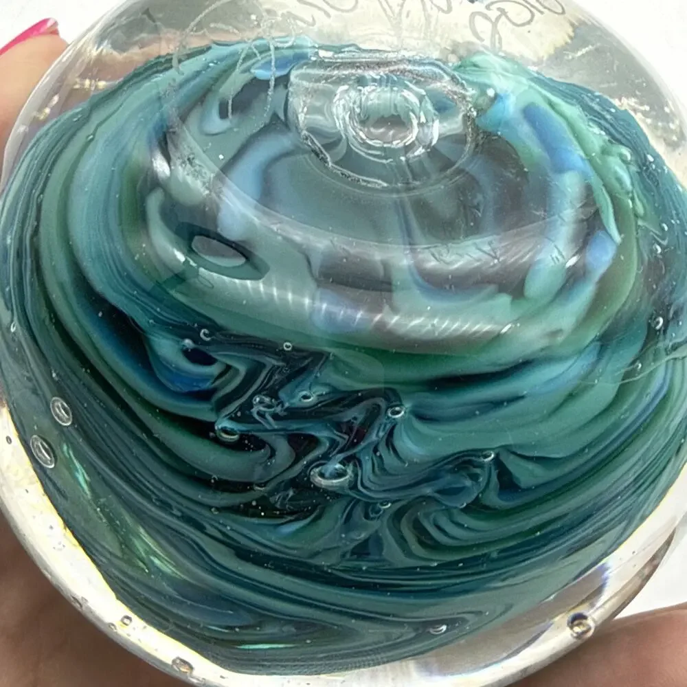 Signed Blue Green Swirl Art Glass Paperweight Control Bubbles Metallic Accents